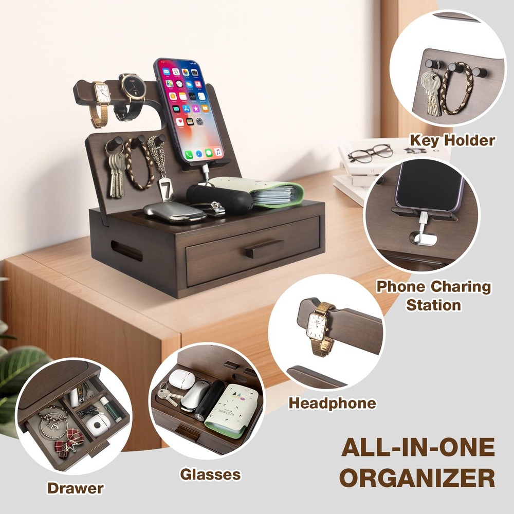 Solid Wood Nightstand Organizer Phone Docking Station Dark Walnut Cedar