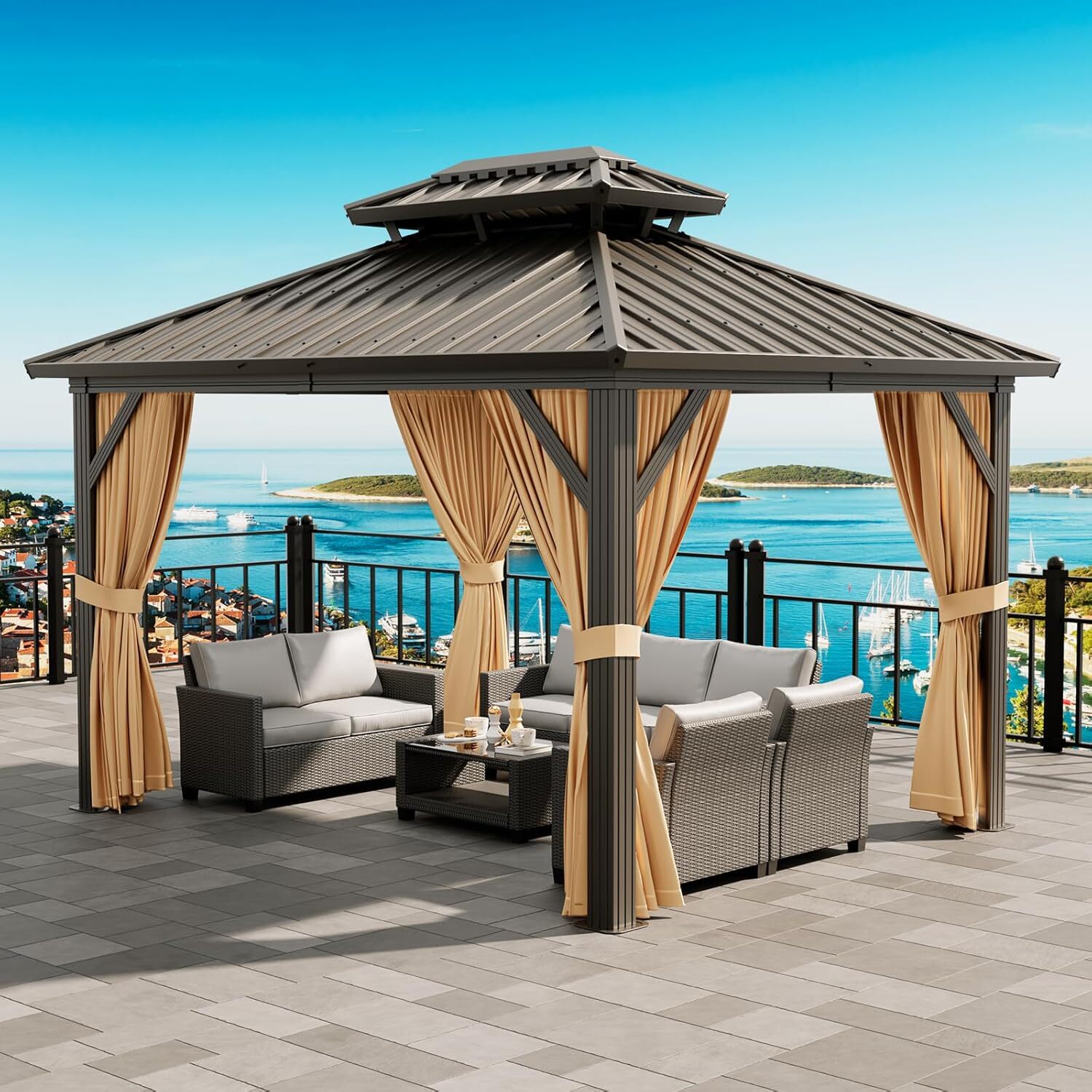 10x12 FT Heavy-Duty Aluminum Gazebo & Double-Layer Iron Roof All-Weather Outdoor