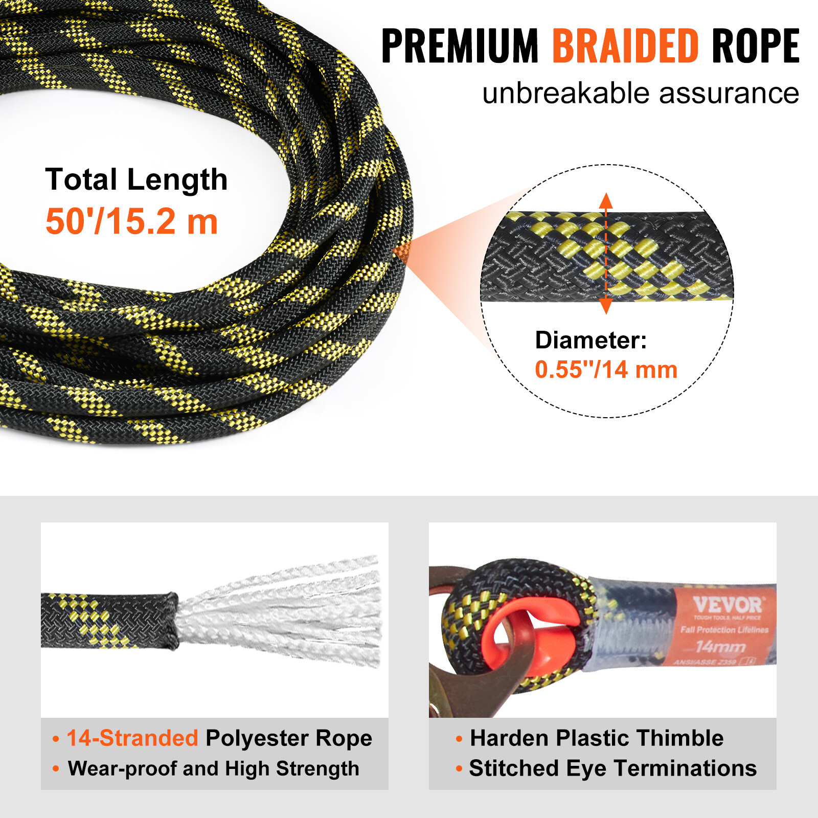Vertical Lifeline Assembly 50ft Fall Protection Polyester Rope 30 KN ANSI