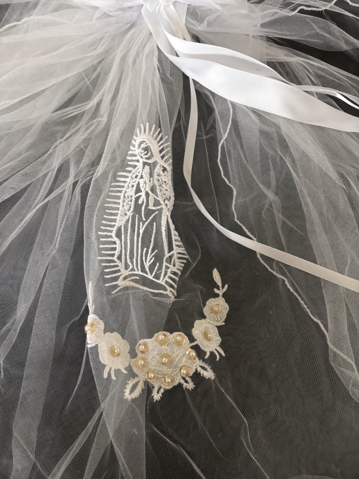 Girls First Communion Veil White Floral Crown w Pearls Rhinestones Headpiece NWT