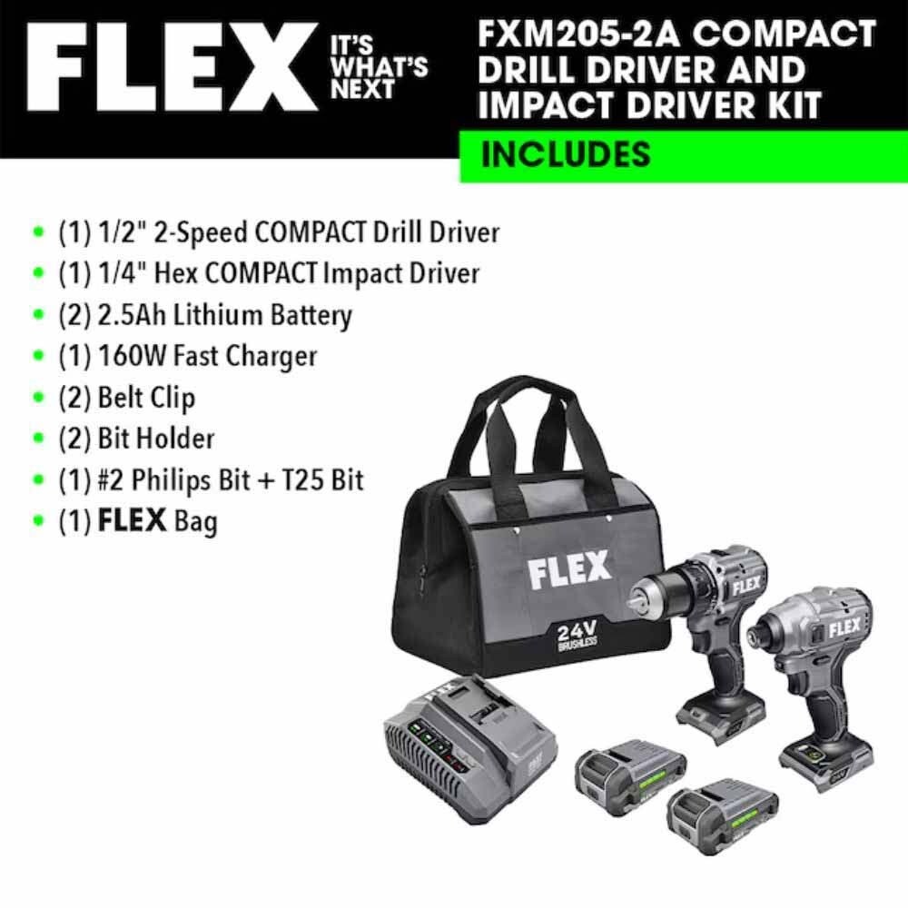 Flex FXM205-2A 24V Compact Drill Driver and Compact Impact Driver 4-Combo Kit