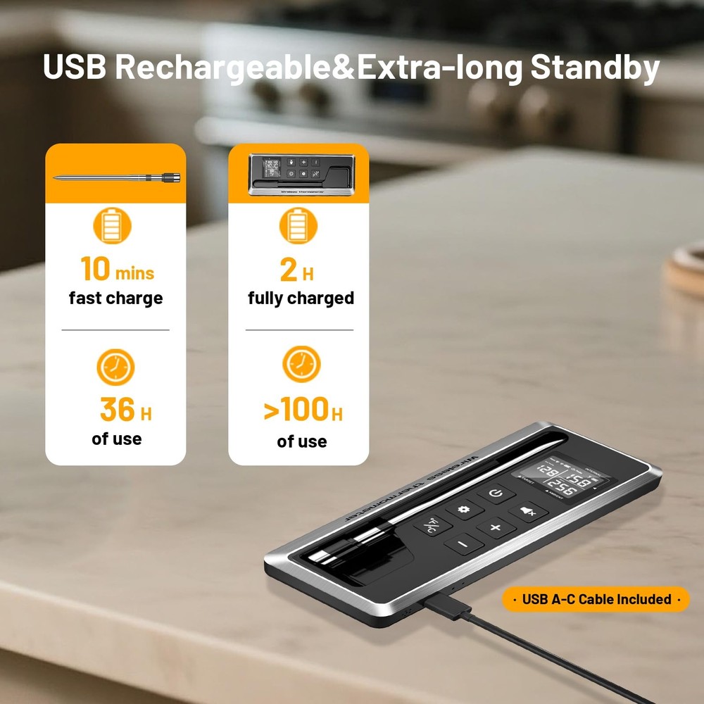 Wireless Meat Thermometer with Smart Timer & APP Control, 800ft Bluetooth Gri