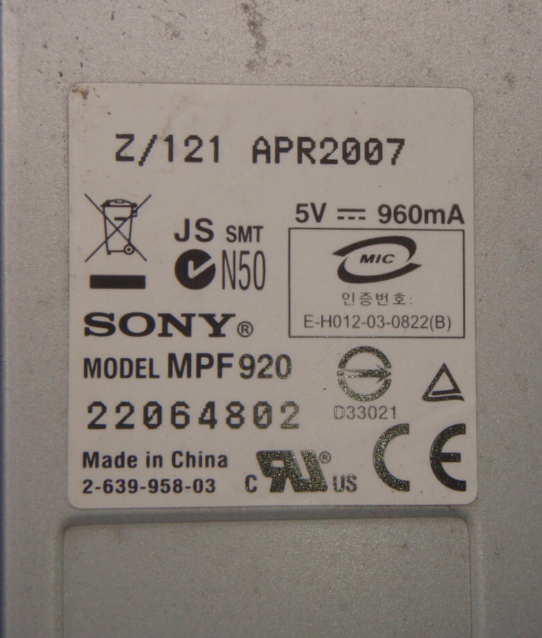 Sony MFP-920 1.44MB 3.5in Floppy Disk Drive