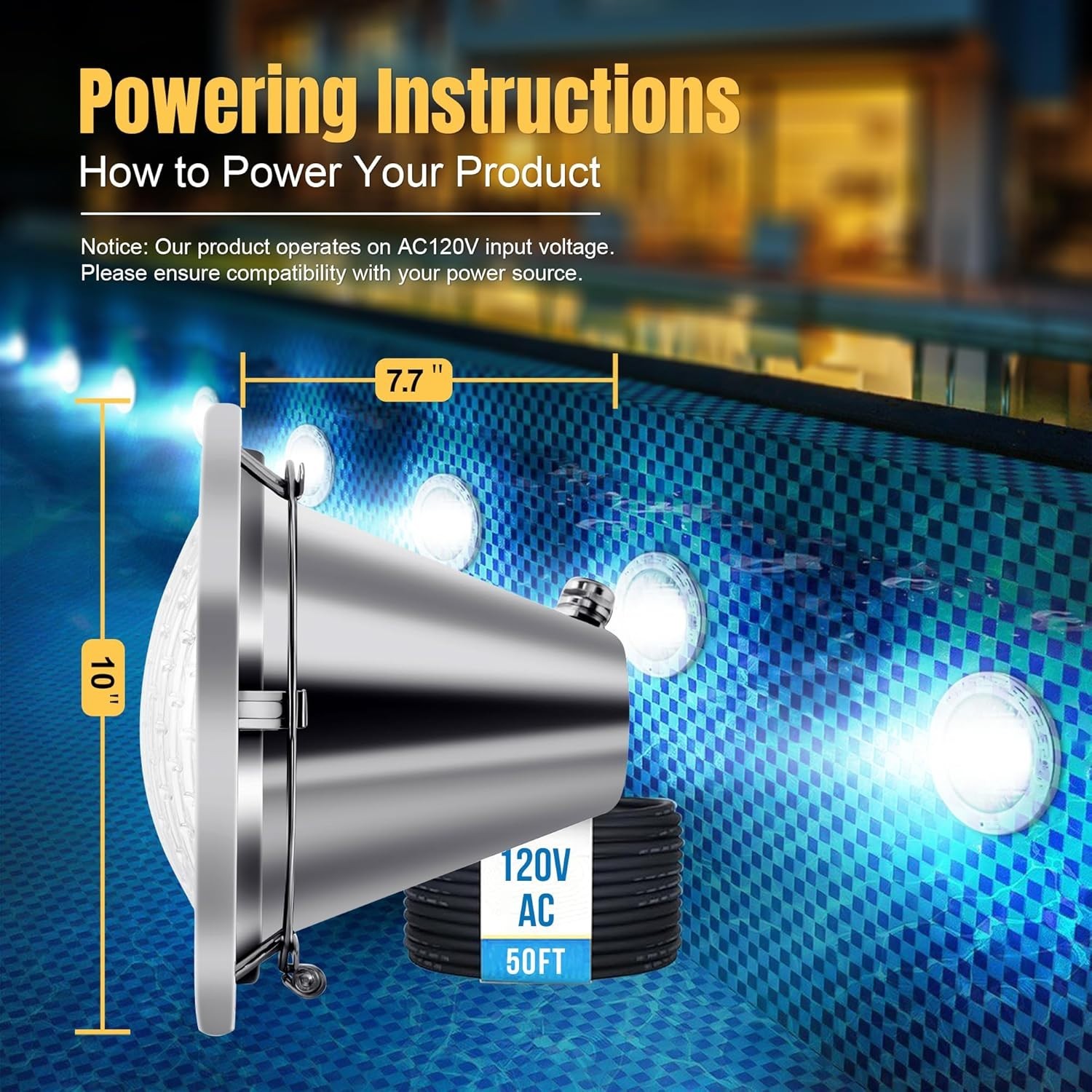 120V 10-Inch Waterproof Pool Light for Inground Pools – IP68 Rated 50 FT