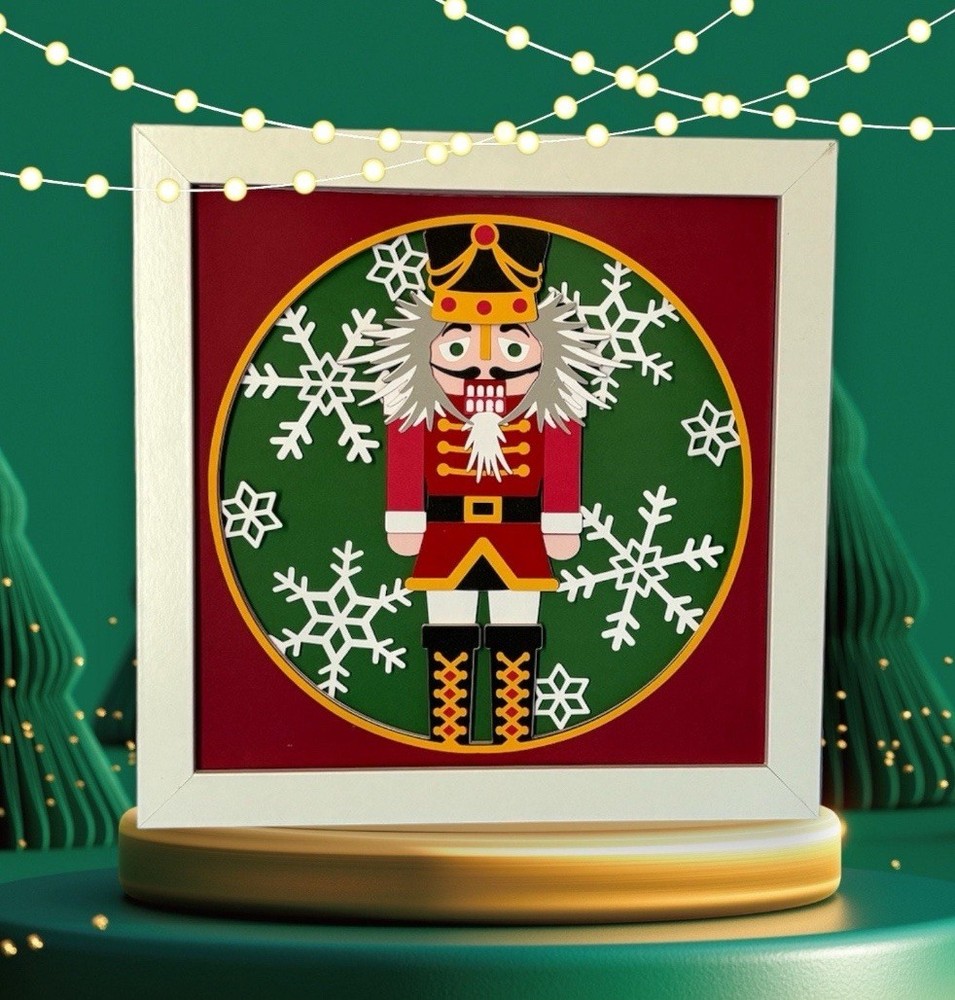 3D Layered Card Stock Framed Christmas Nutcracker Shadowbox