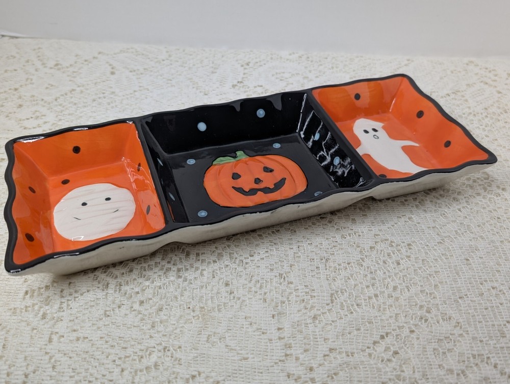 3 Section Serving Dish Halloween Tii Collections Ceramic Handmade Ghost Pumpkin