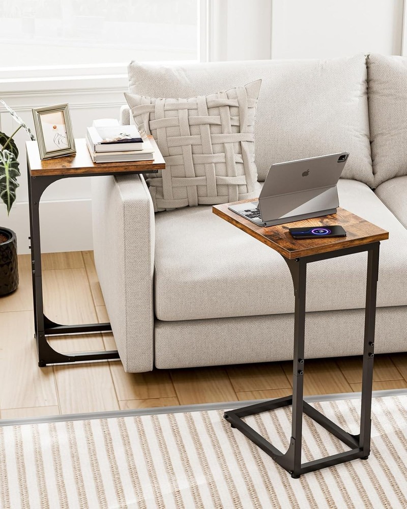 Compact C-Shaped Side Table with Waterproof Top - Rustic Brown & Metal Frame