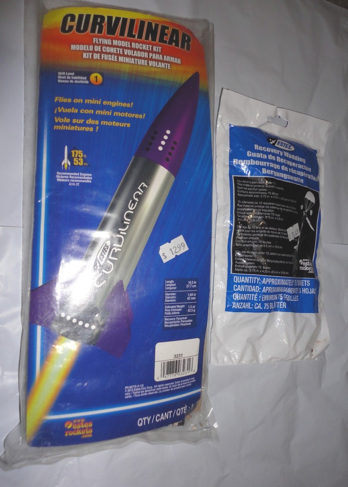 ESTES CURVILINEAR FLYING MODEL ROCKET KIT (3231) + RECOVERY WADDING~NEW,OPEN PKG