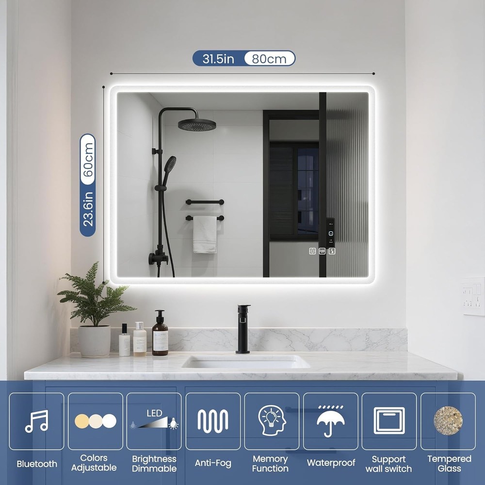24"x32" LED Bathroom Mirror with Bluetooth Speaker, 3 Color Temperature, Step...