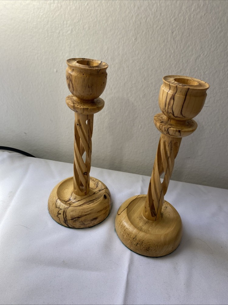 MCM Spalted Elm Candlestick Pair 8” Spiral Column