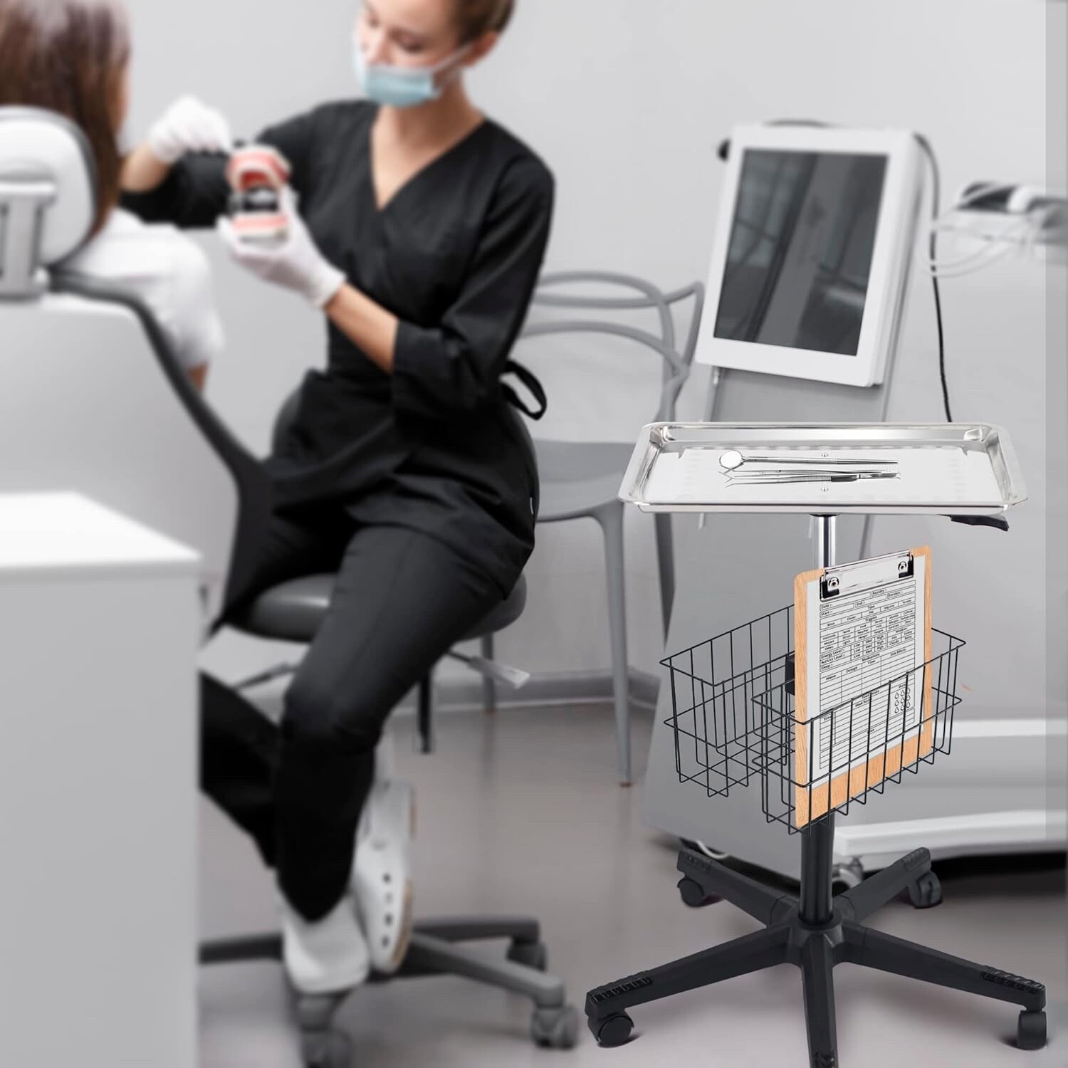 Stainless Steel Instrument Tray on Wheels, Height Adjustable Medical Tray Cart