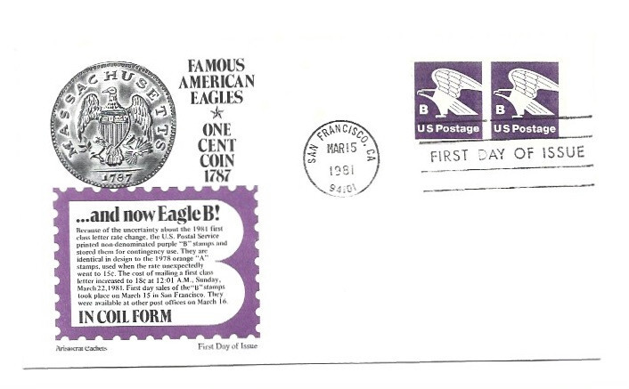 1820 'B' (18c) Non Denominated coil pair Aristocrat Cachets FDC