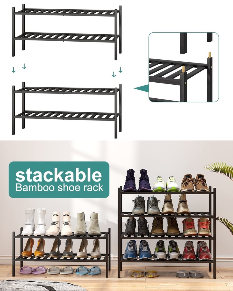 2-Tier Black Bamboo Shoe Rack for Entryway, Stackable | Foldable | Natural, S...