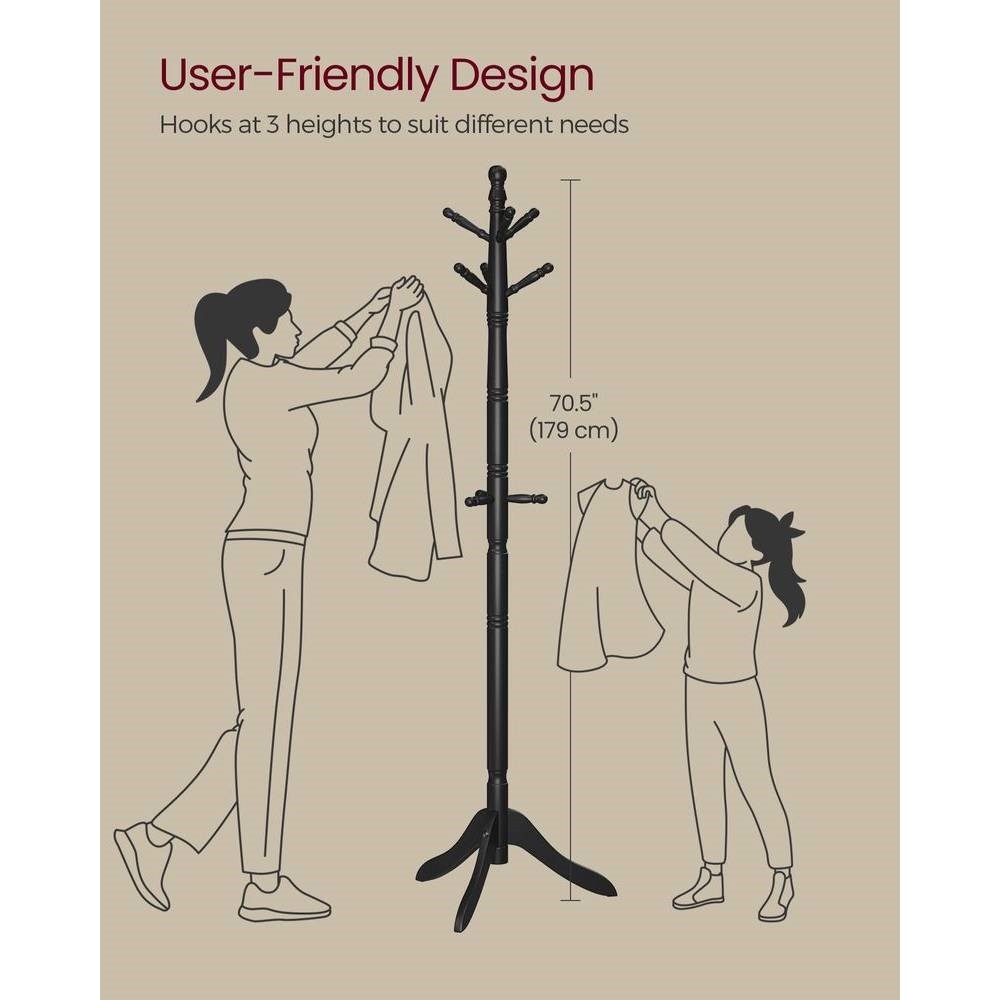 Solid Wood Coat Rack with 10 Hooks in Black Finish
