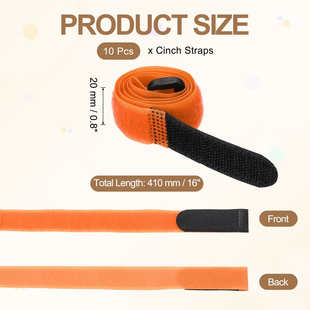 10pcs Reusable Cinch Straps 0.8"x16" Hook and Loop Cable Securing Straps, Orange