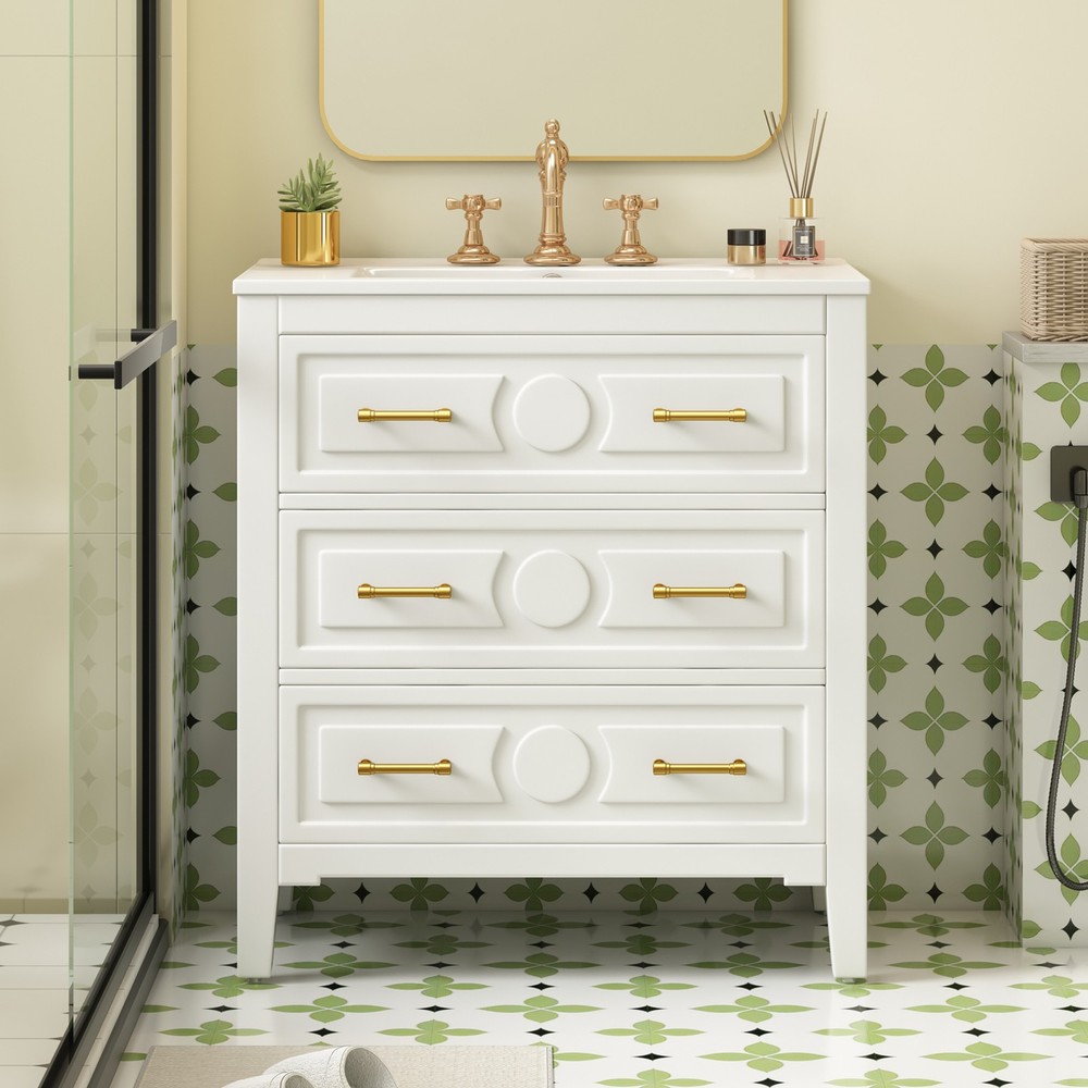 Bathroom dressing table - white, ceramic sink set, 3 drawers, solid wood frame