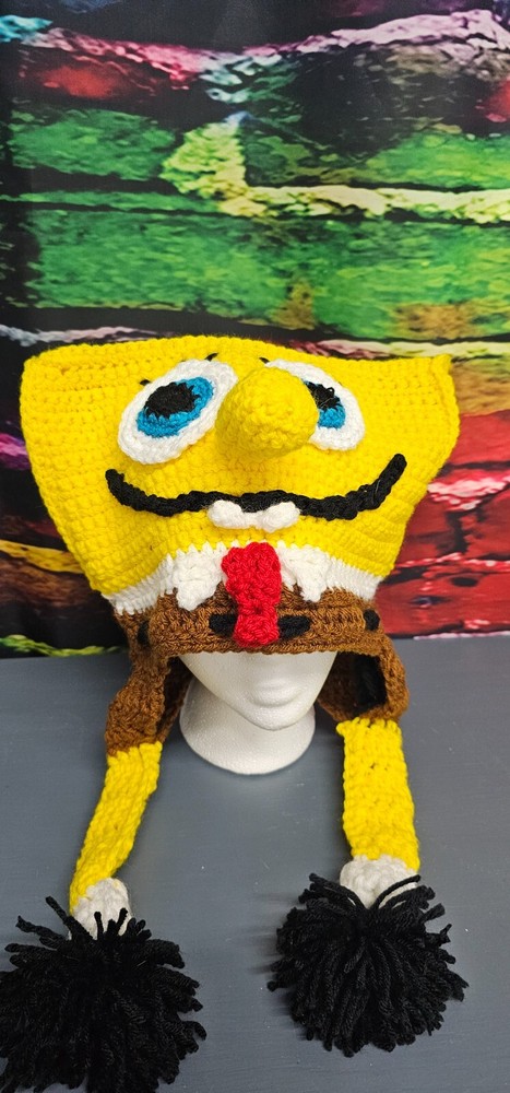 handmade chrochet SpongeBob Squarepants hat. Draw string hides in leg