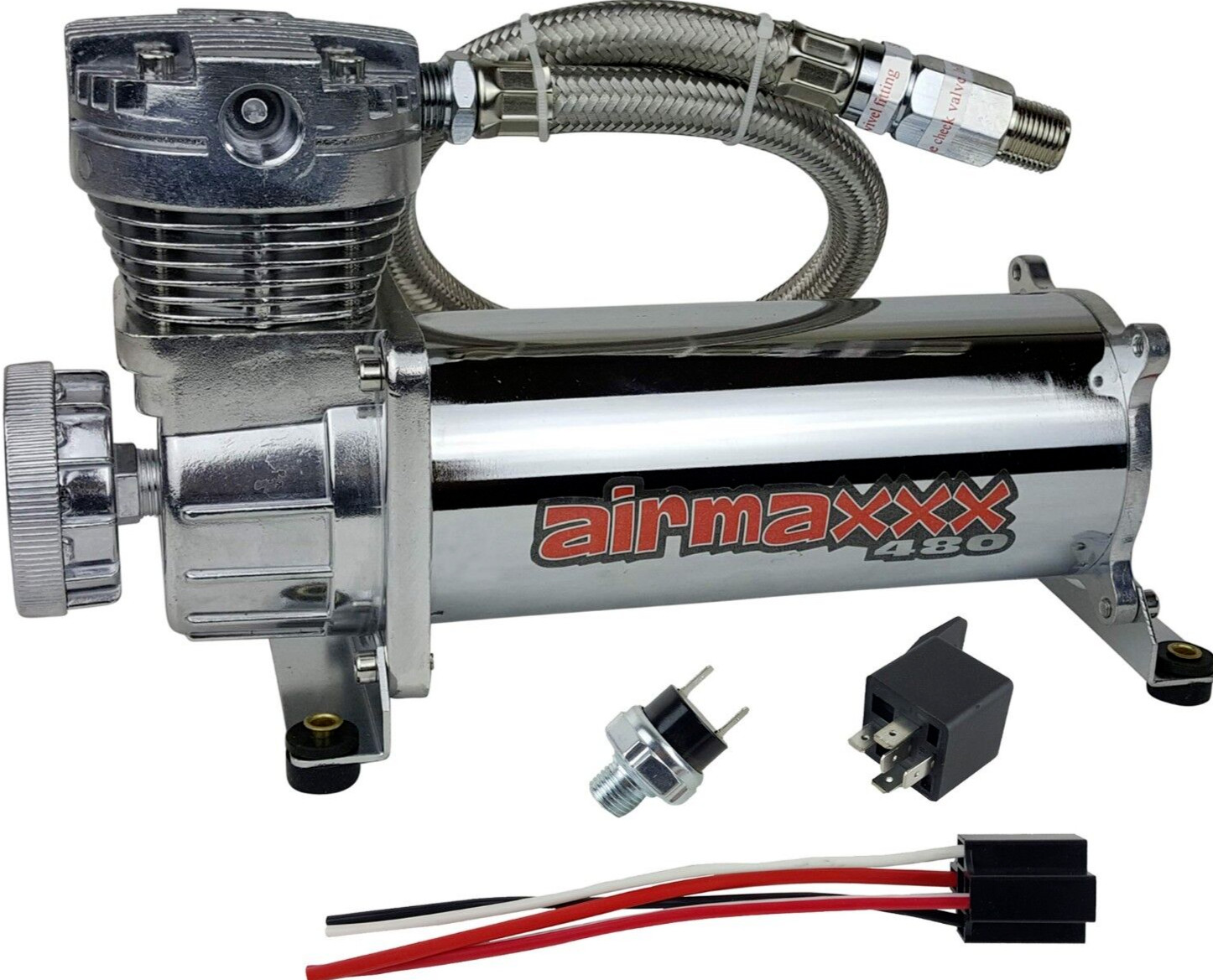 airmaxxx 480 Chrome Air Compressor & 150 Off Switch For Horn Air Ride Suspension