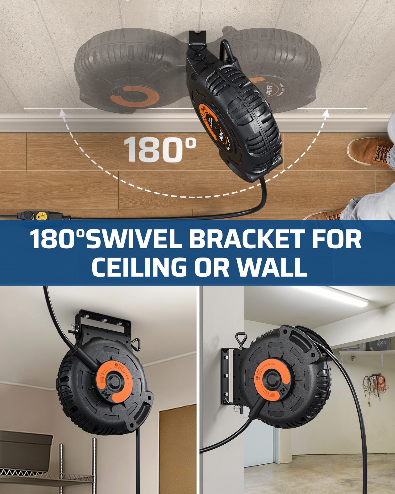 DEWENWILS Retractable Extension Cord Reel, 40FT 10AWG/3C SJTW Heavy Duty Power