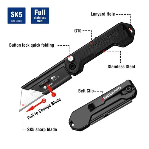 WORKPRO EDC Folding Utility Knife Mini Box Cutter with Quick Open Axis Lock New