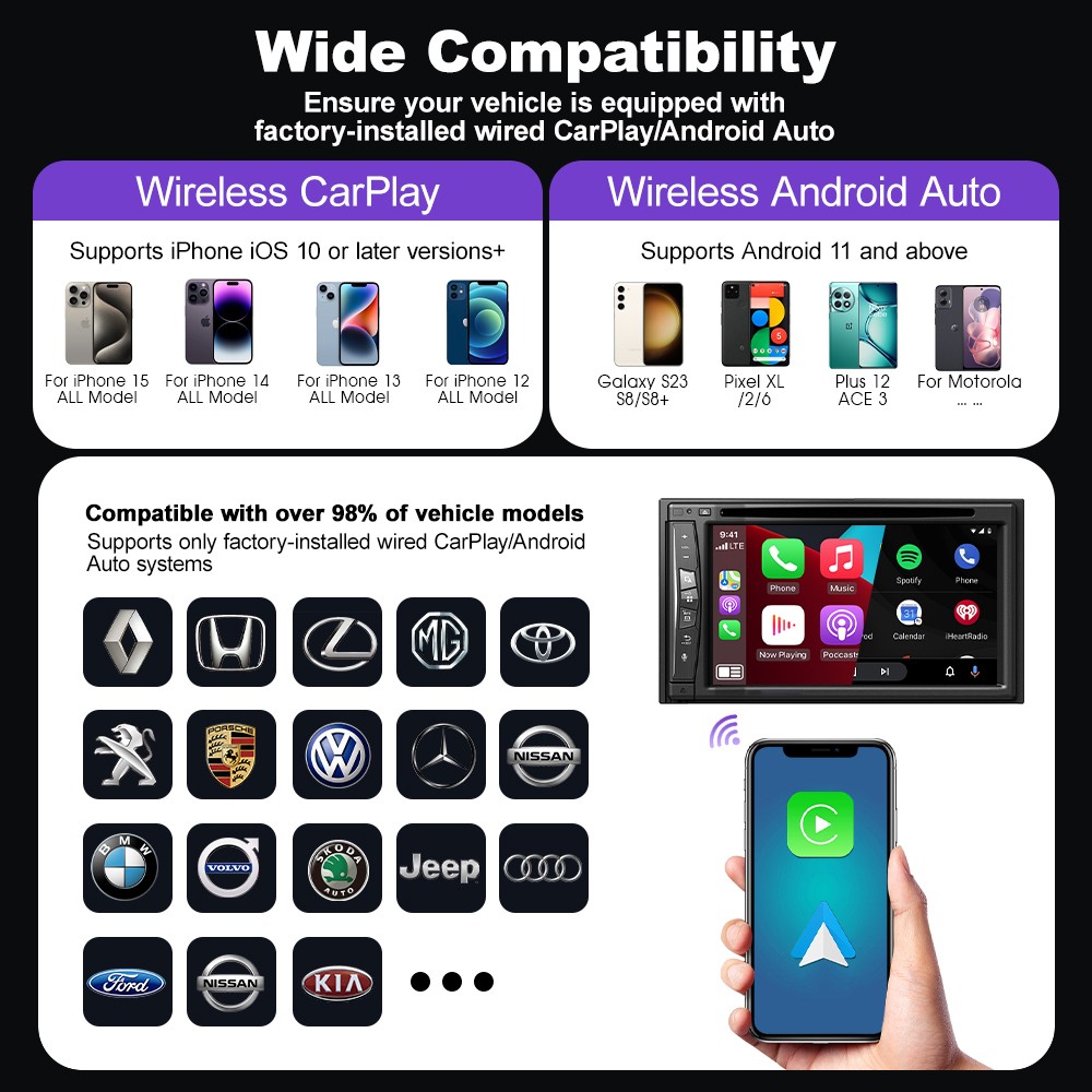 USB Plug Play 2-in-1 Wireless CarPlay Android Auto Adapter for Wired to Wireless