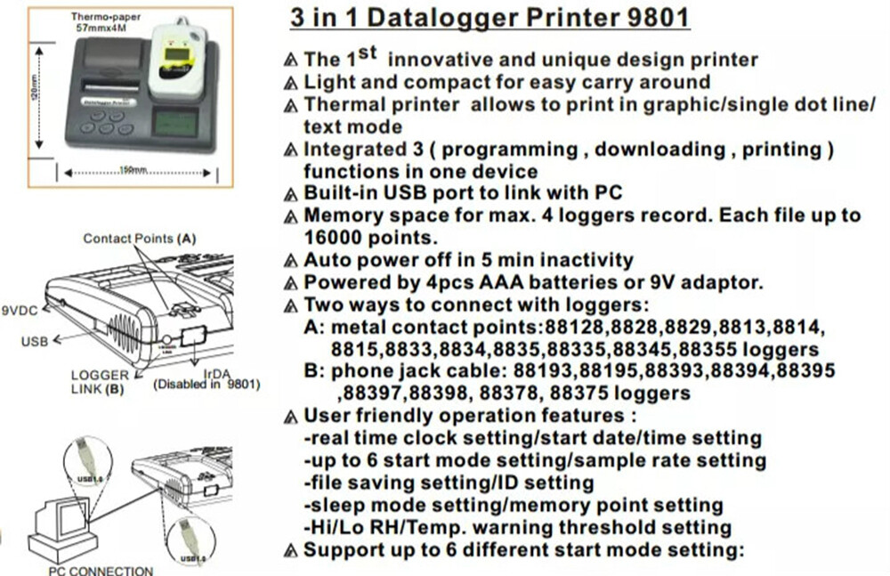 AZ9801 Logger/Thermal /Temperature and Humidity Logger Printer