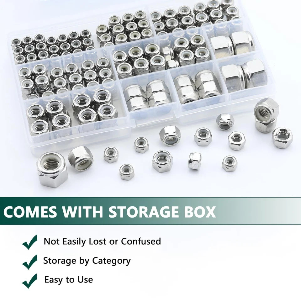 SAE Lock Nuts Assortment Kit, 220PCS Nylon Insert Nut Sets, 304 Stainless Ste...