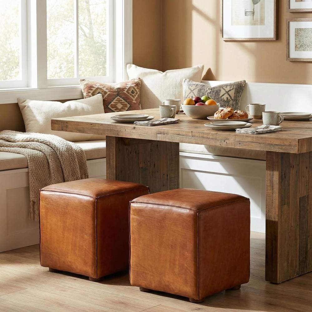Sands Genuine Leather Cube Ottoman, Saddle Brown