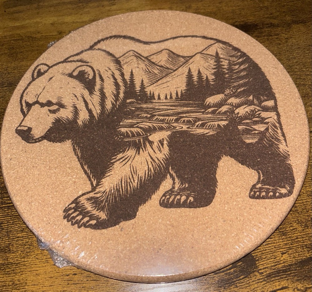 Trivet 8” Cork, Bear, Mountains, Laser Engraved