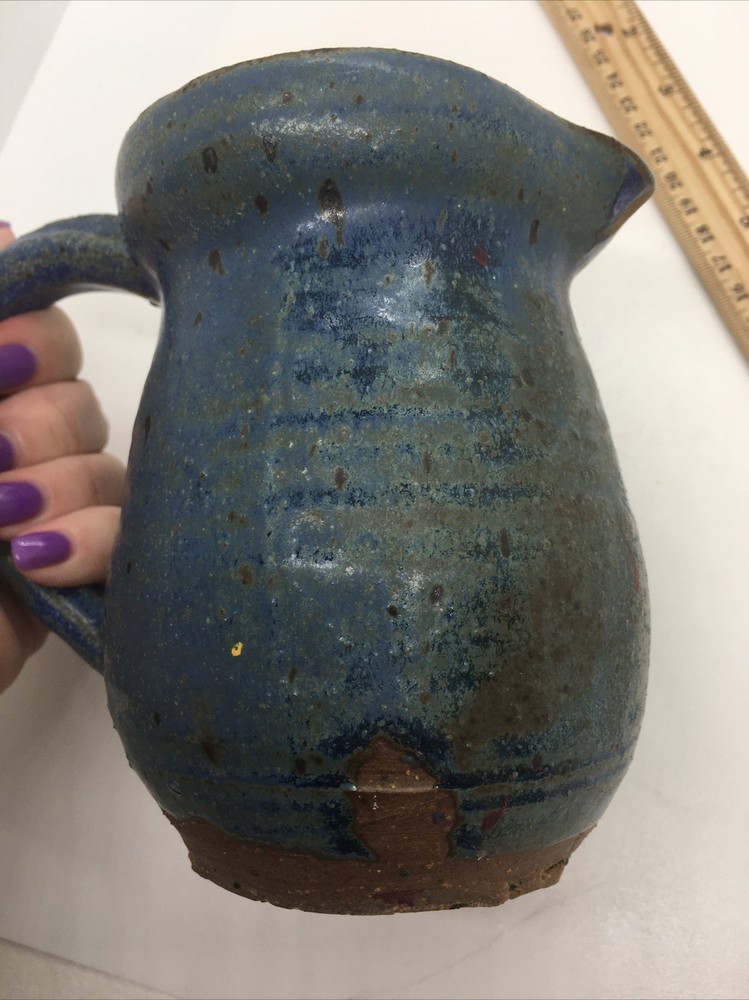 Vintage Primitive Rustic Art Pottery Pitcher Blue Glaze Signed 5”