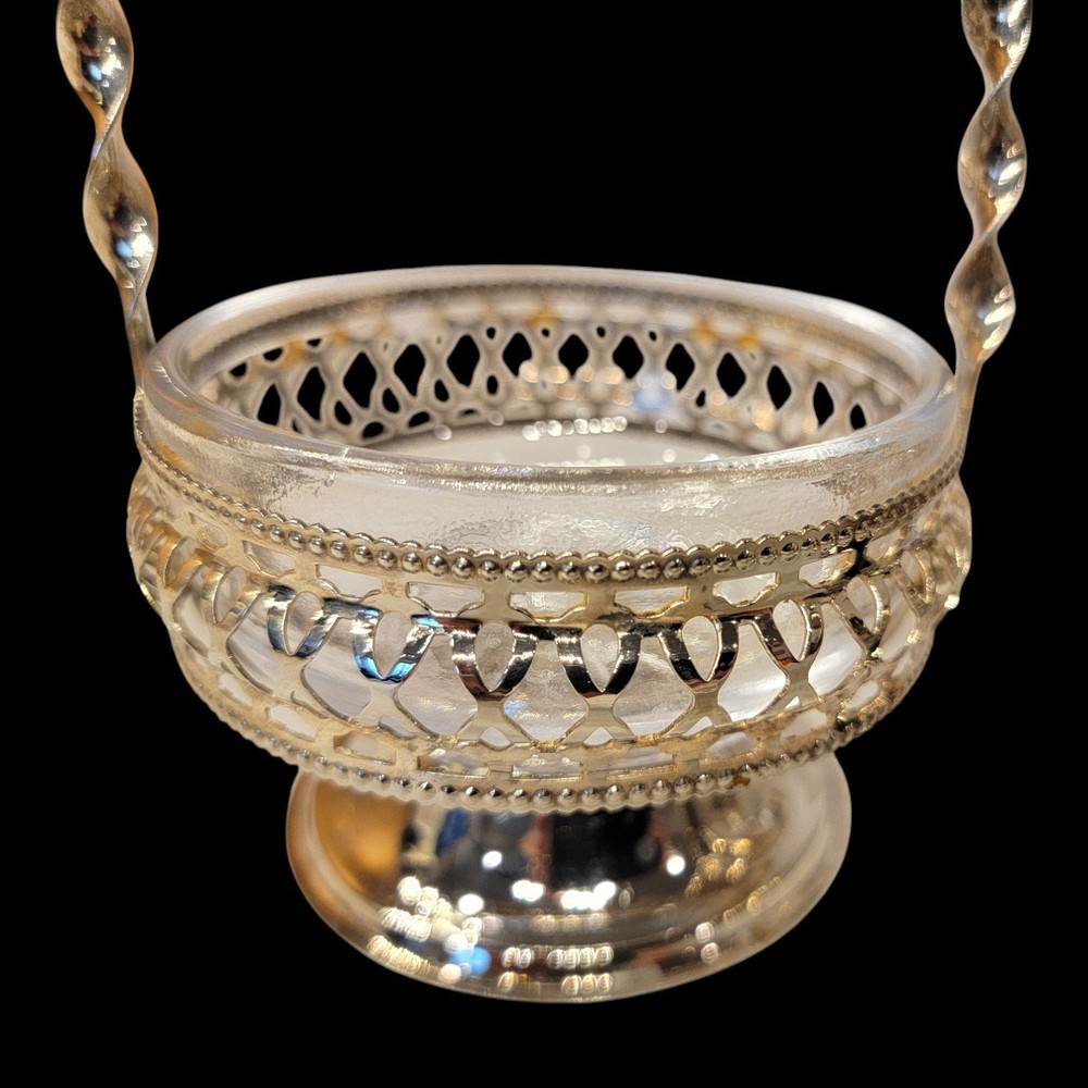 Set of 2 Silver Plated Nut Candy Baskets with Glass Liners Twisted Handle READ