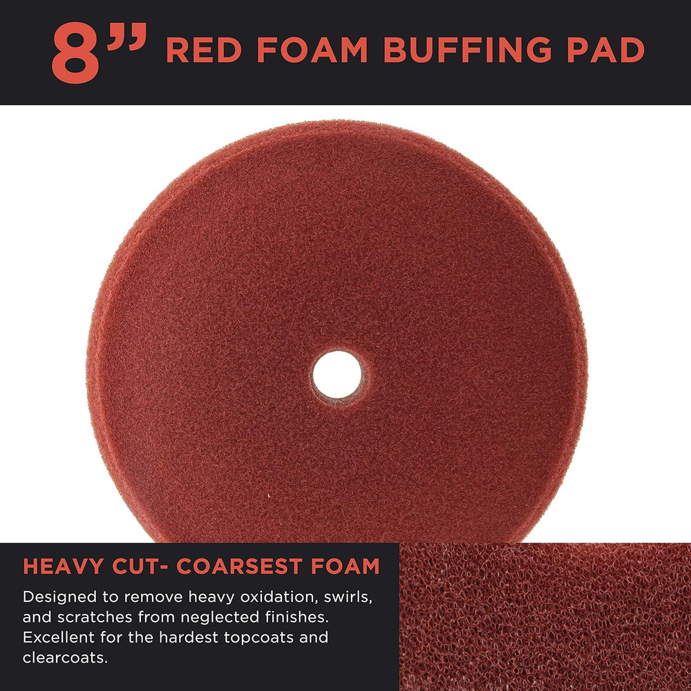 8" Red Foam Buffing Pad Extra Coarse Cutting Polish Hook and Loop Backing - Buff