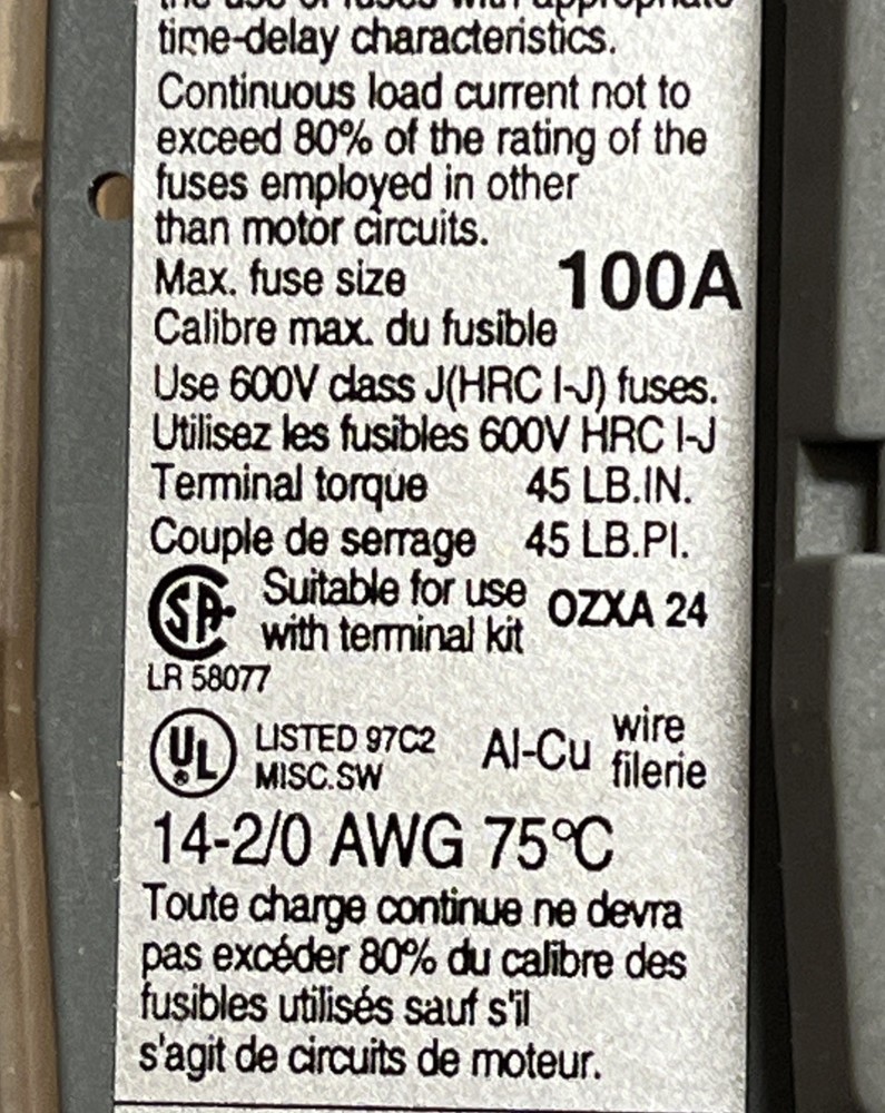 Bussmann CFD100J3 600VAC-100A Disconnect Switch, 3PH, 3 pole