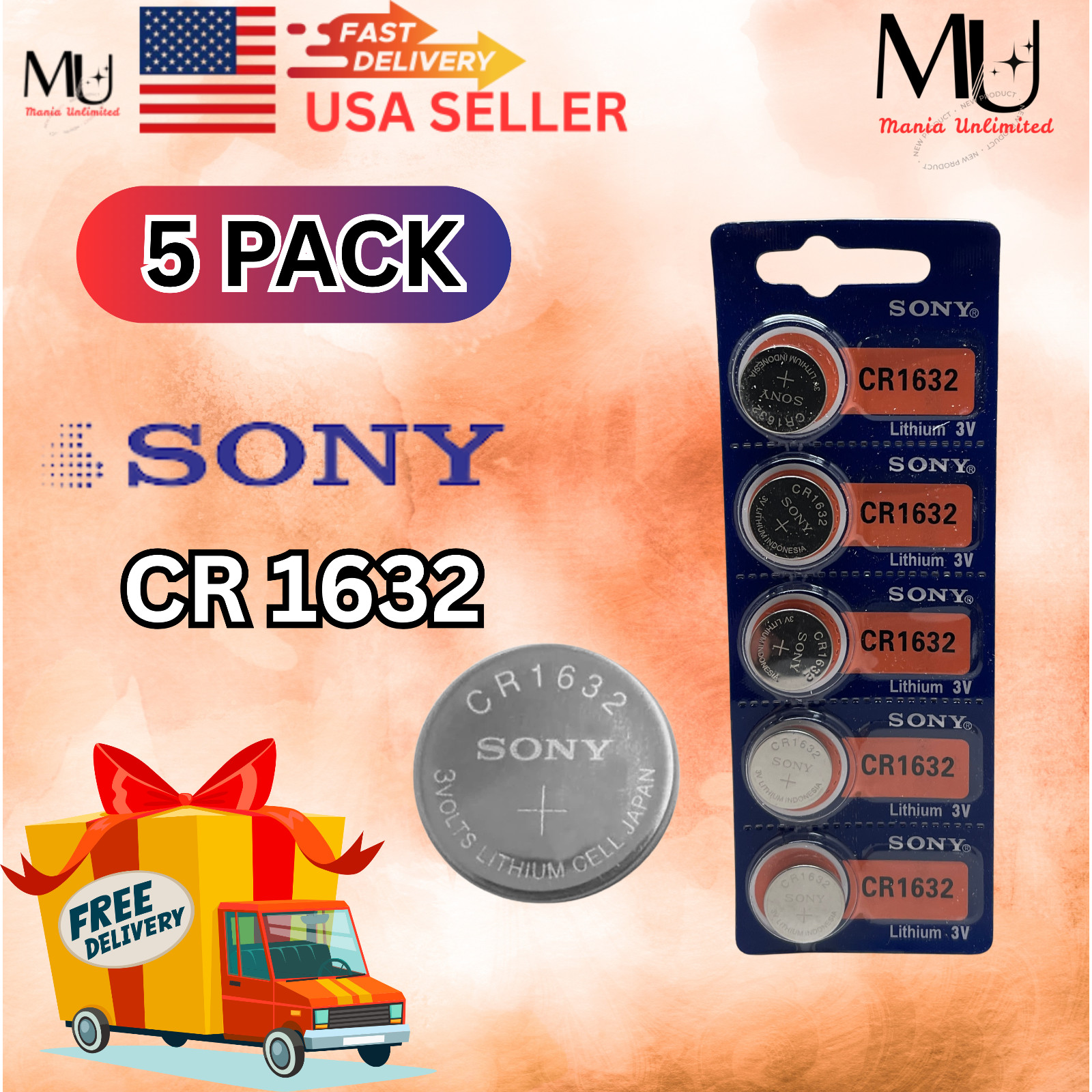 5 PACK SONY CR1632 3V LITHIUM Battery Expire Date 2032 /Watch /Car key Fobs