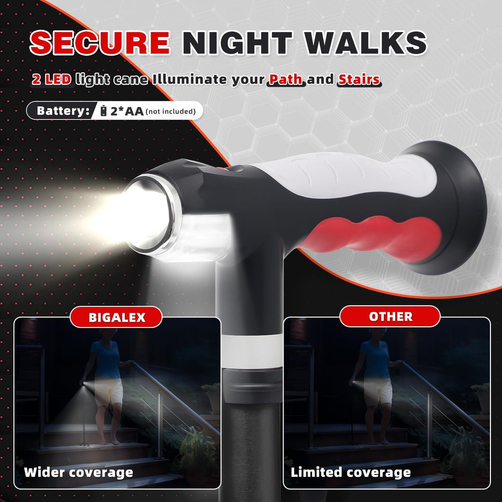 Bigalex Folding Walking Cane with Two Led Lights for Elderly Solid Base Adjustab