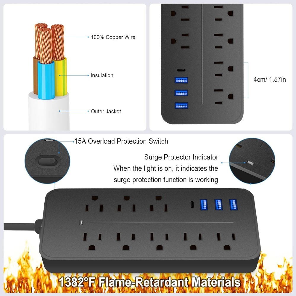 Multi-functional Power Strip Surge Protector, 8 Outlets 4Ft Long Extension Cord