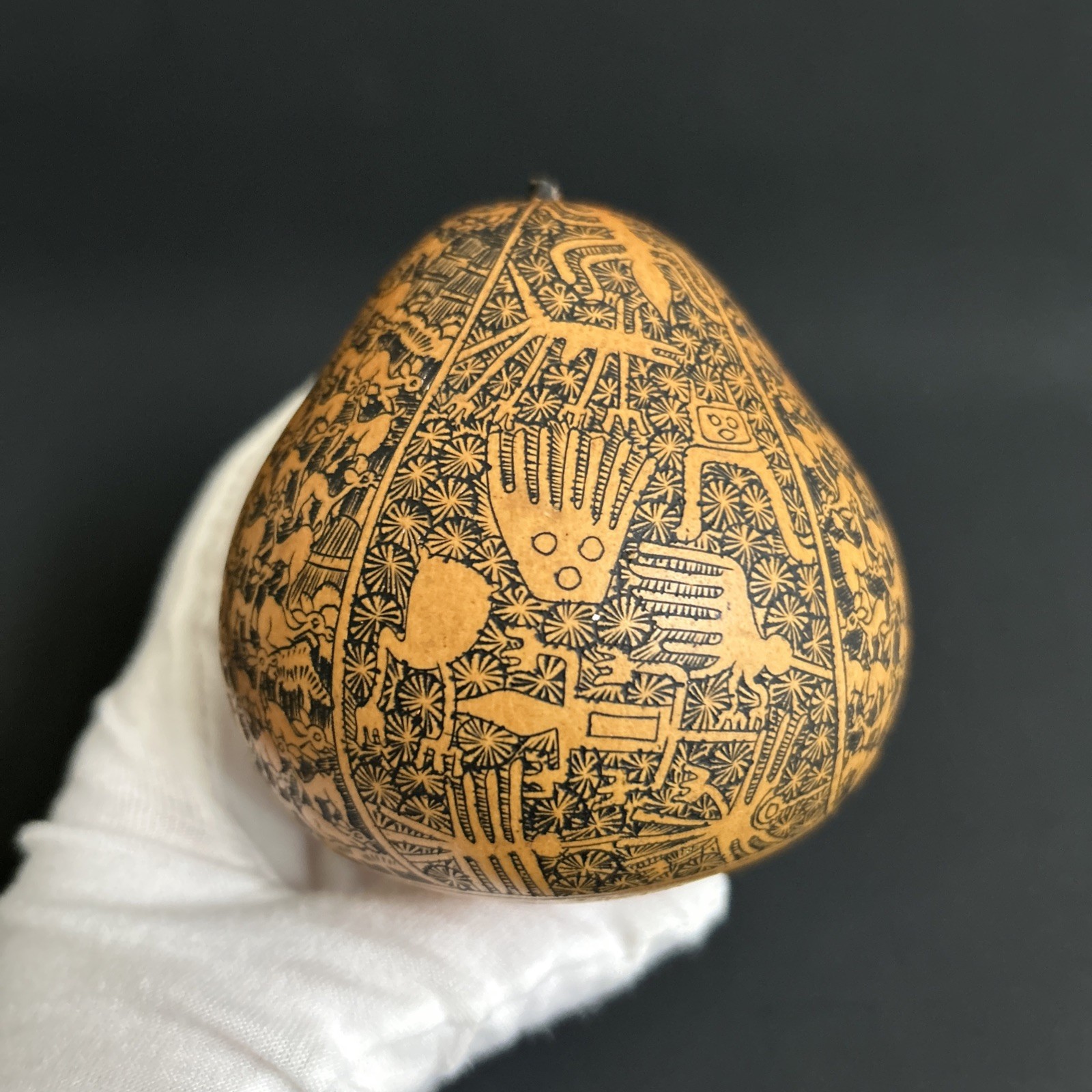 Exquisitely Hand-Carved Natural Gourd with Peruvian Cultural Motifs and Totems