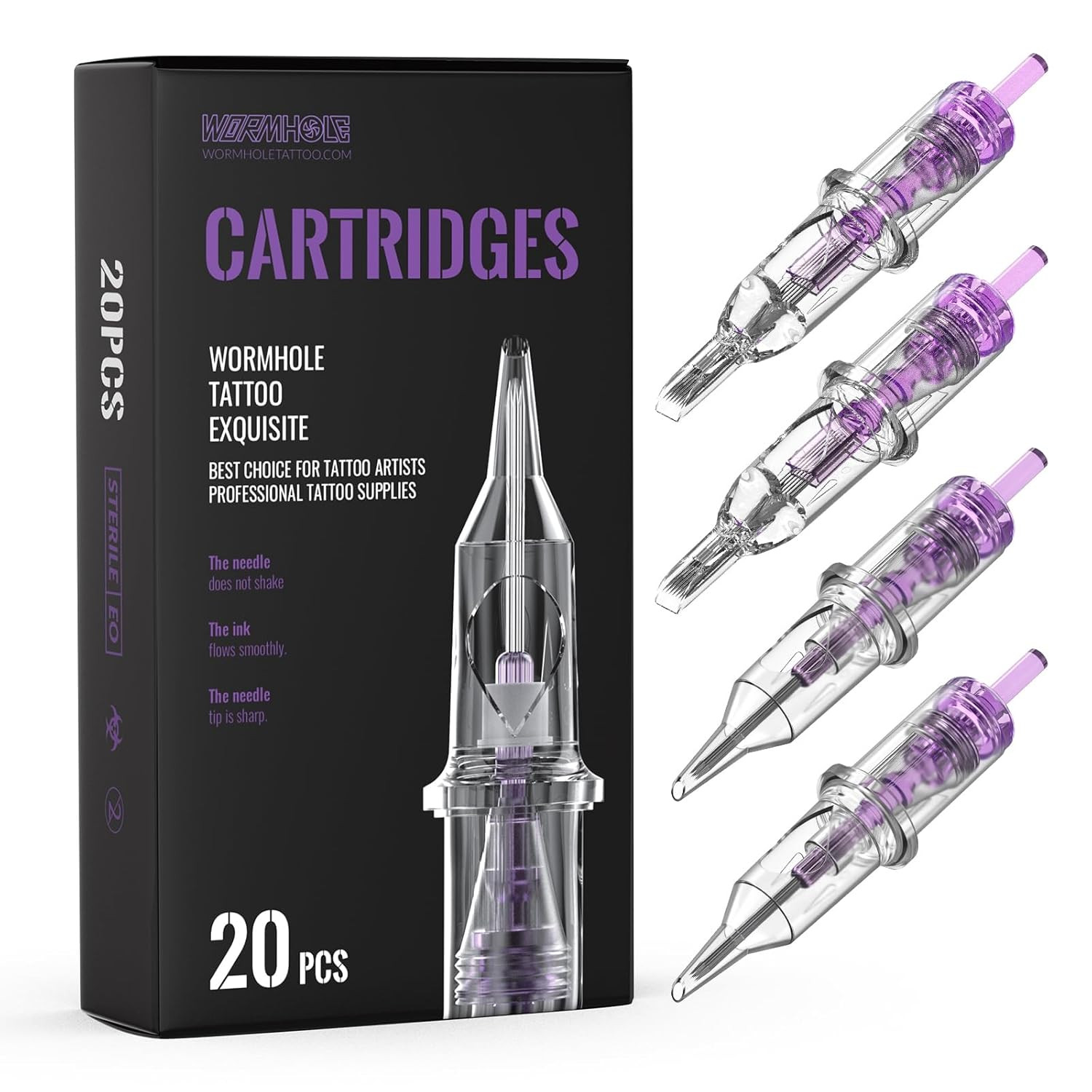 Wormhole Tattoo Cartridge Needles, 20Pcs Mixed Sizes 3RL 5RL 5RM 7RM Disposable