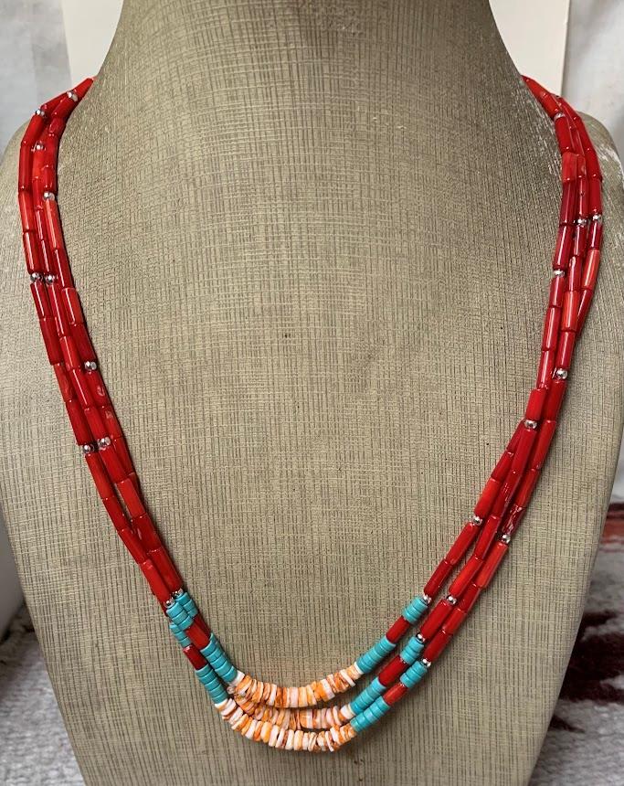 Ethnic tri-strands coral/spiny oyster shell necklace (w174h-w2)