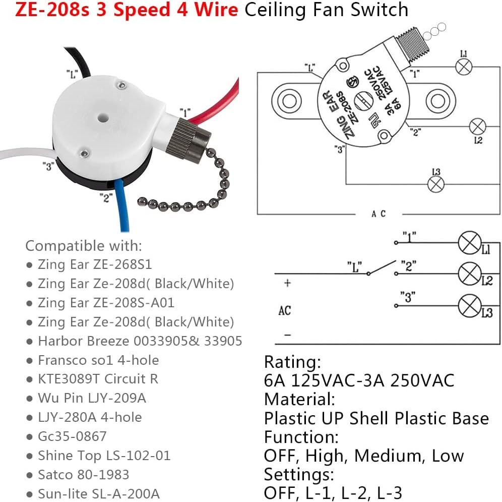 Ceiling Fan Switch 3 Speed 4 wire Replace Accessories,Compatible With Hunter Fan