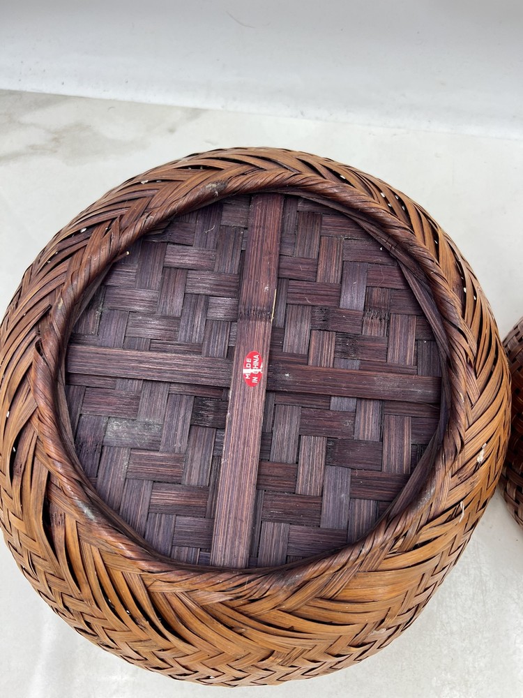 Handwoven Rattan Bamboo Wicker Basket Bowl Set Pair Nesting Boho Decor Round