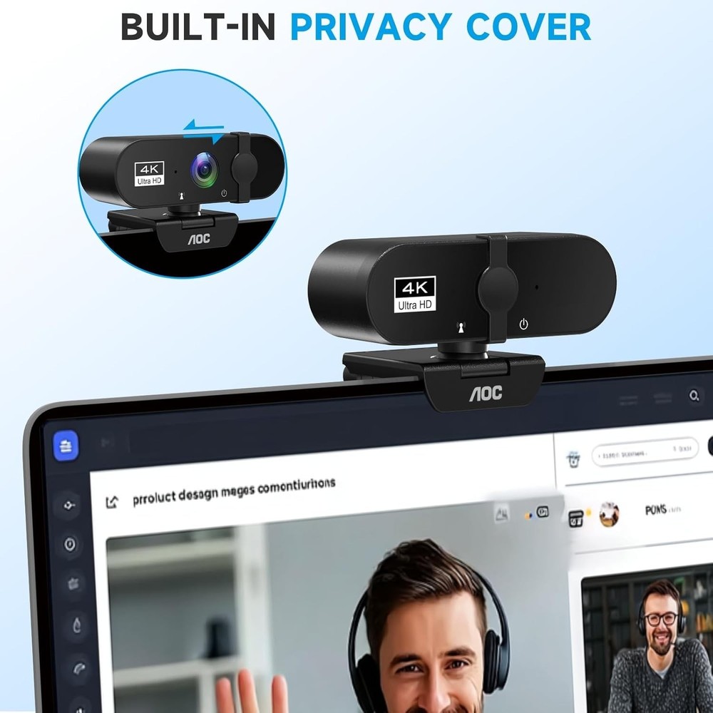 AOC 4k Webcam for PC with Microphone, Computer Camera with Noise Cancellation, P