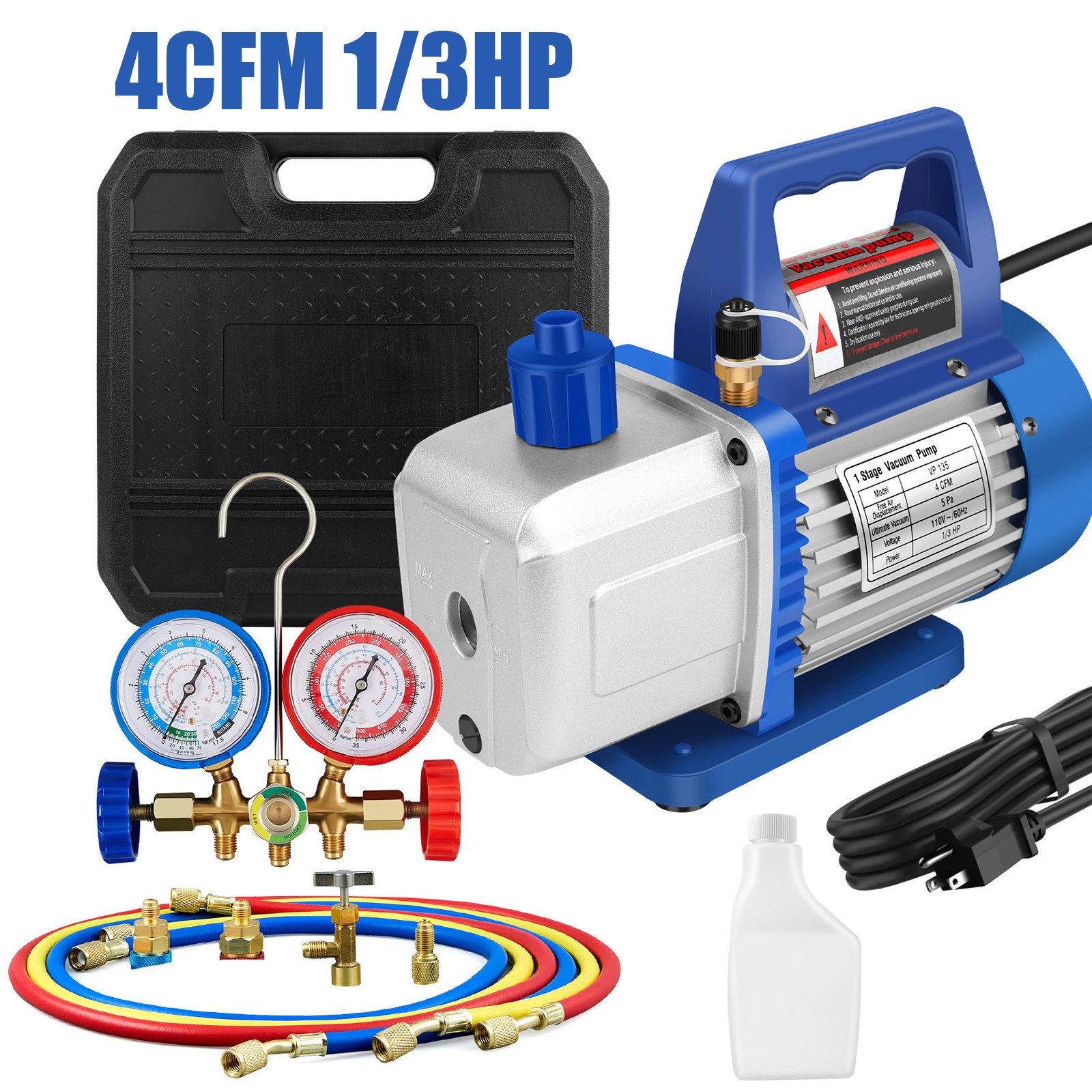4 CFM 1/3HP Air Vacuum Pump HVAC Manifold Gauge Set AC A/C Refrigeration Kit US