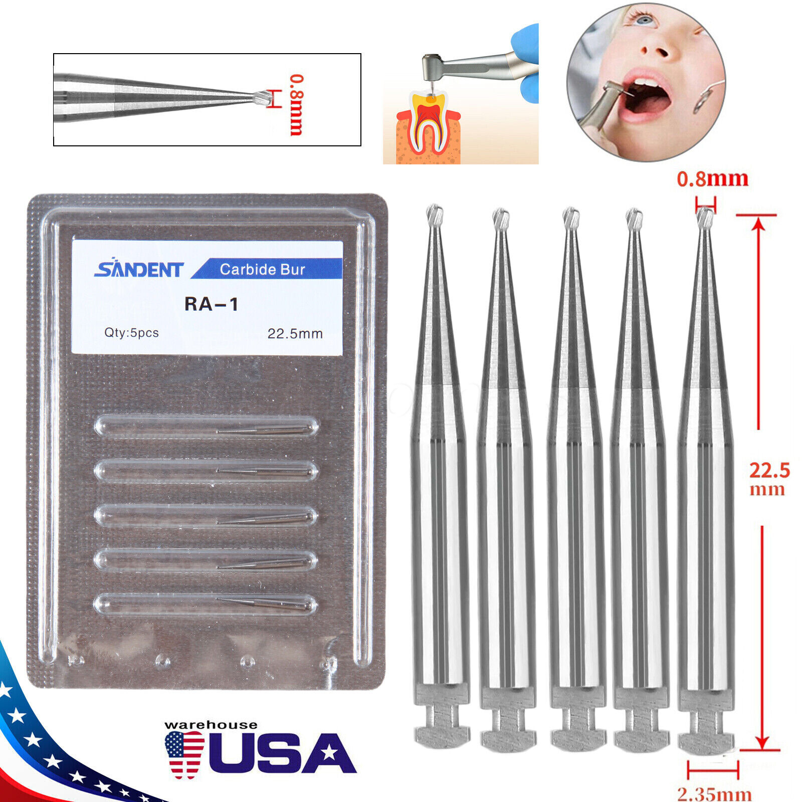 SANDENT Dental Tungsten Steel Carbide Burs Round RA Burs for Low Speed Handpiece