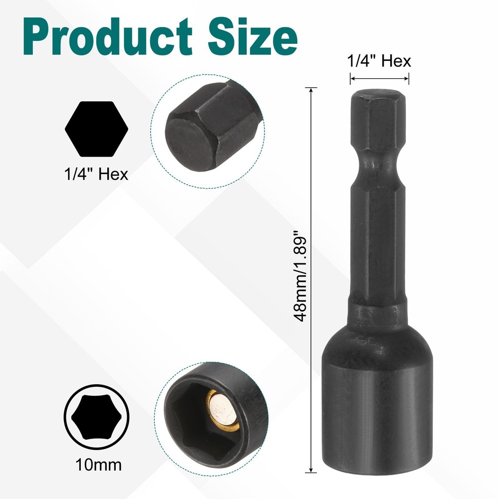 2pcs 1/4" Hex Magnetic Nut 10mm Socket Wrench 48mm Black