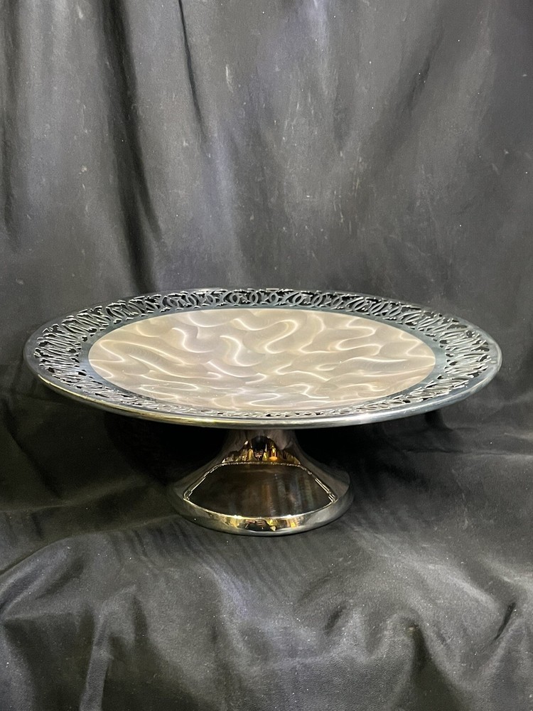 VINTAGE HAND FINISHED SILVER PLATED PEDESTAL CAKE DISH 12” SIGNED
