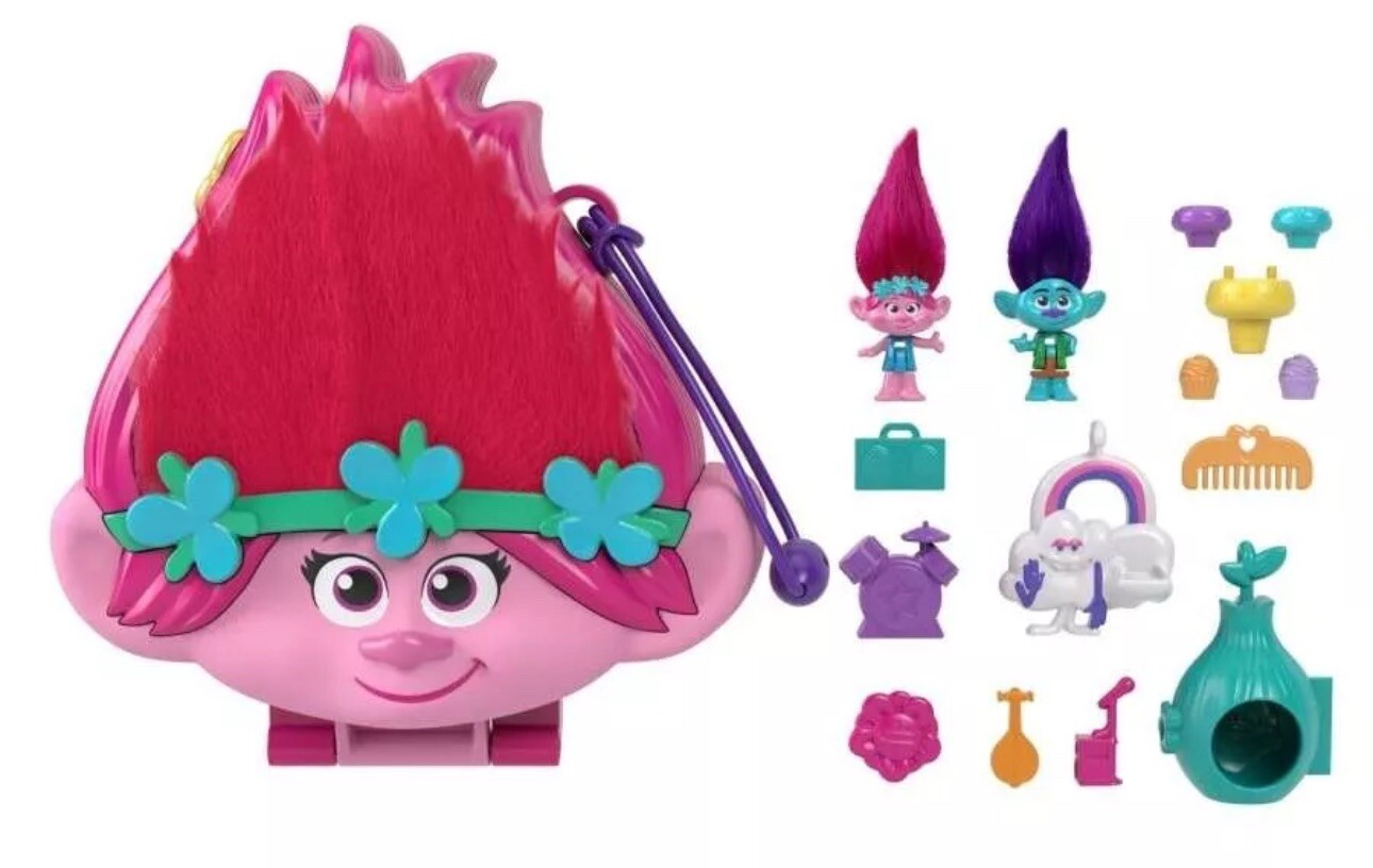 Polly Pocket & DreamWorks Trolls Compact Playset w POPPY & BRANCH & Accessories