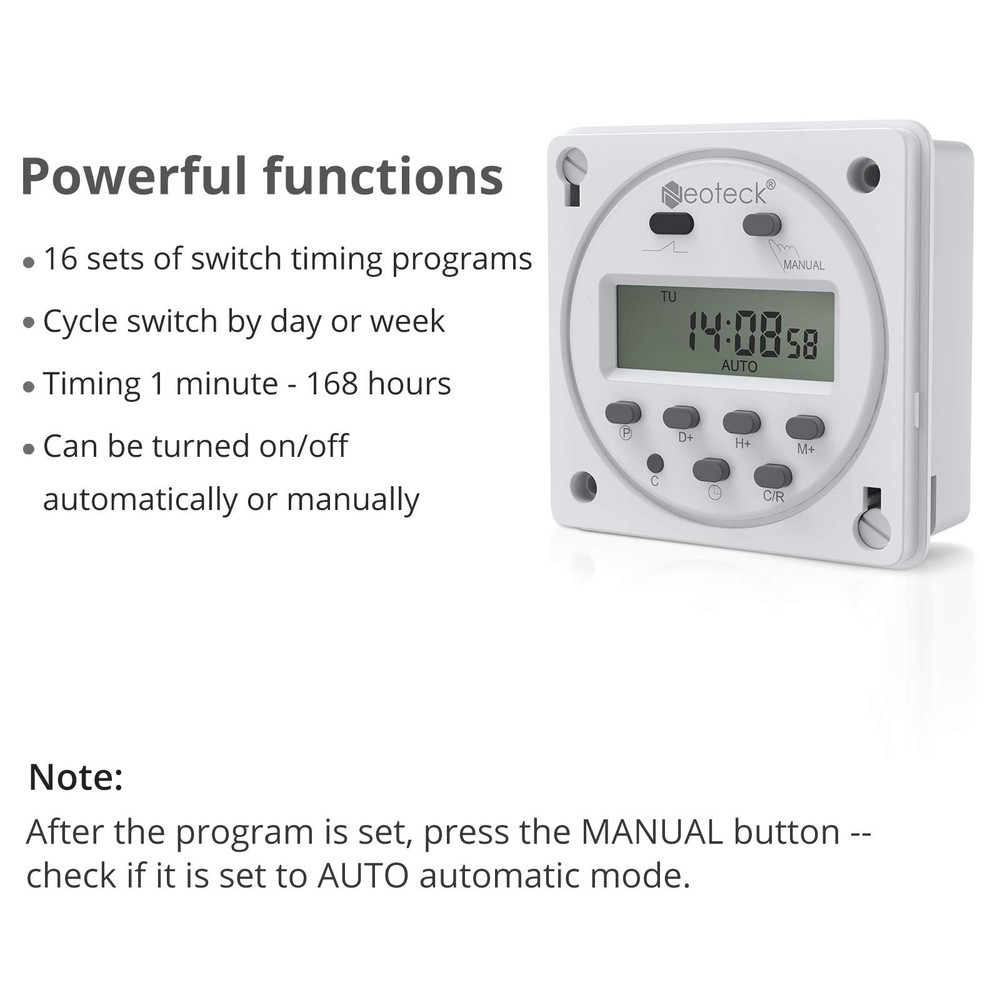 Neoteck DC 12V/16A Digital Timer Switch 7 Day Time Relay Programmable White