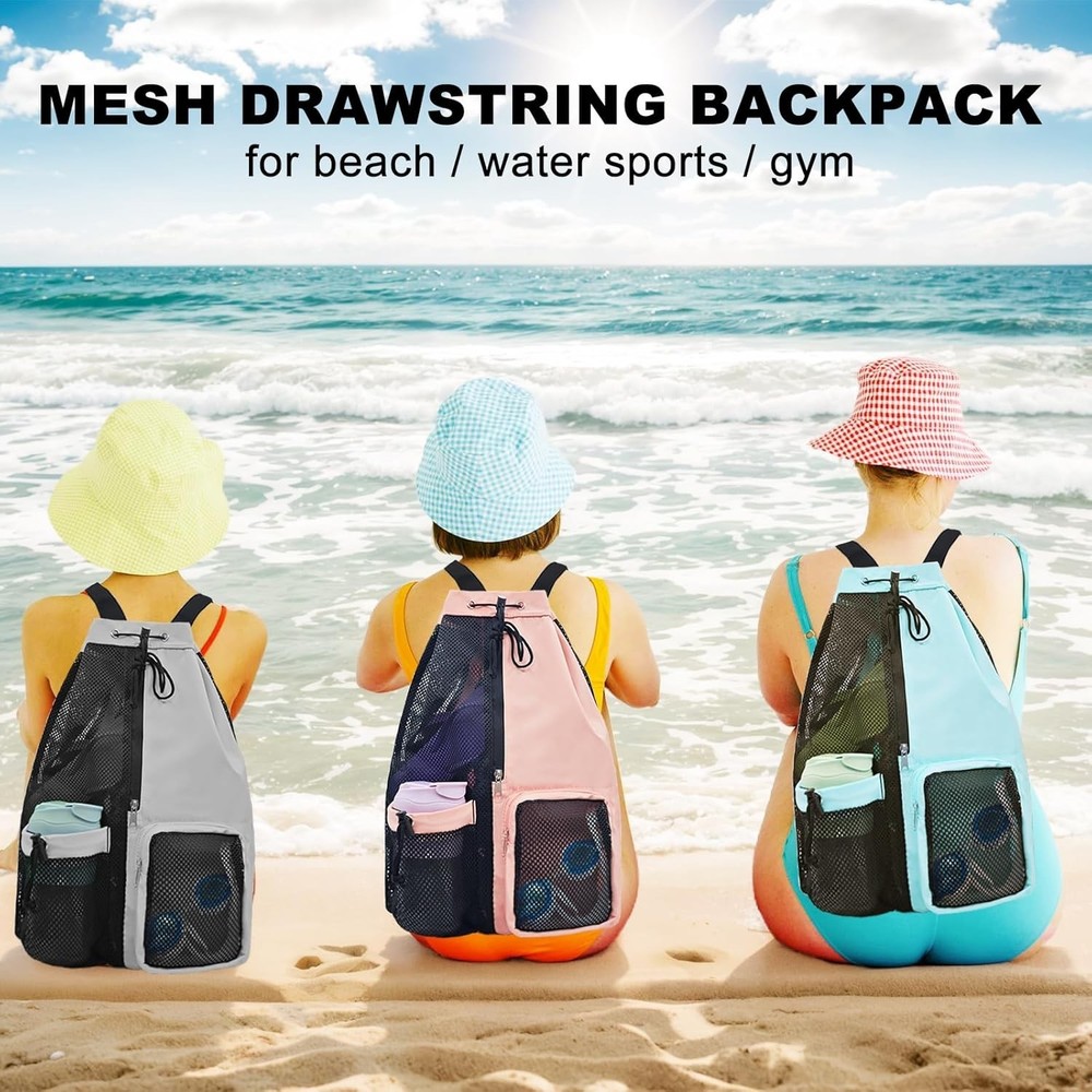 Mesh Beach Backpack with Wet Pocket Drawstring Pool Bag Waterproof Swimming B...