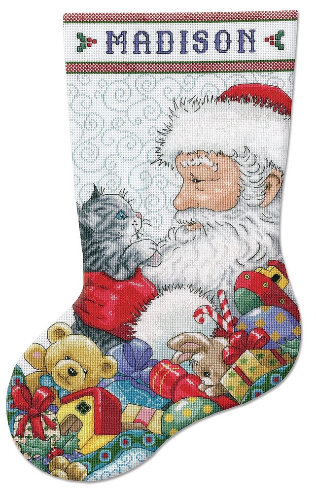 Tobin Santa with Kitten Counted Cross Stitch Stocking Kit, Multicolor
